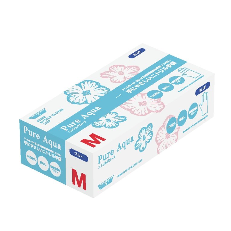 2068 ニトリルグローブ ピュアアクア 粉無 青 100枚入 M