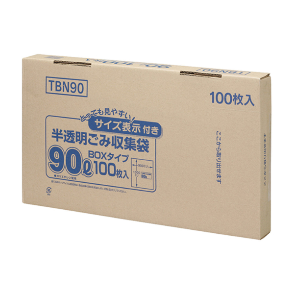 箱入ゴミ袋 TBN90 容量表示入 BOXタイプ 90L 白半透明 100枚 ジャパックス