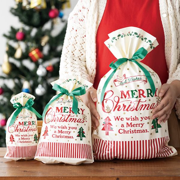 ポリ手提げ クラシカルクリスマス リボン付PEギフトバッグ-M(20枚) ヘッズ