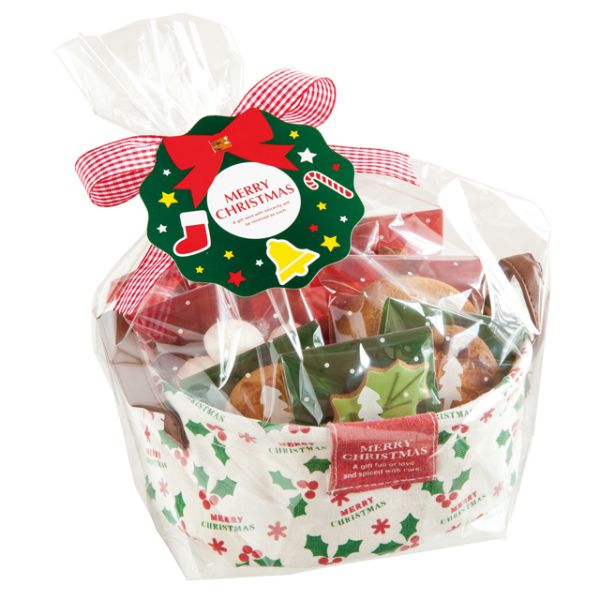 クリスマス柊オーバル布バスケット-S(10個)