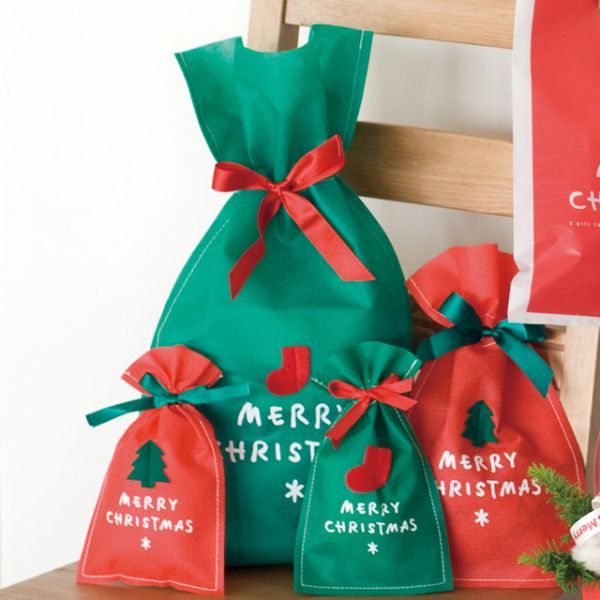巾着袋 シンプルクリスマス グリーン 不織布バッグ-SS(10枚)