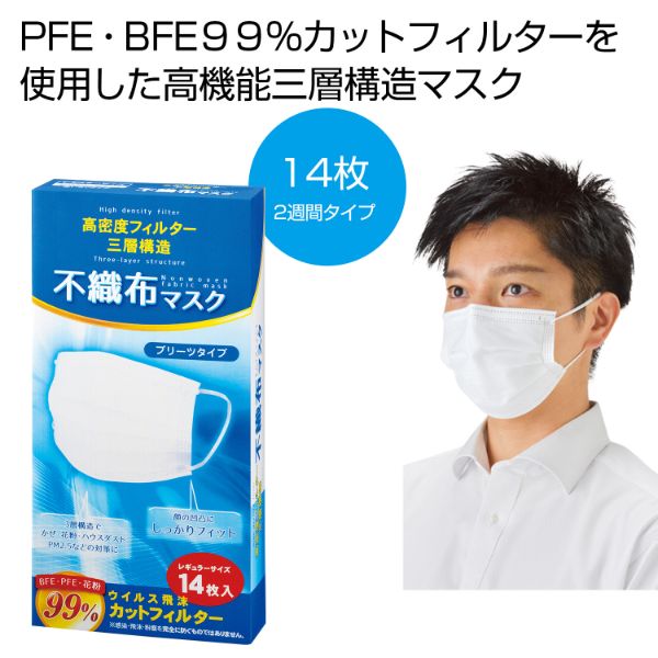 使い捨てマスク 高密度フィルター 三層構造不織布マスク14枚入 2708001