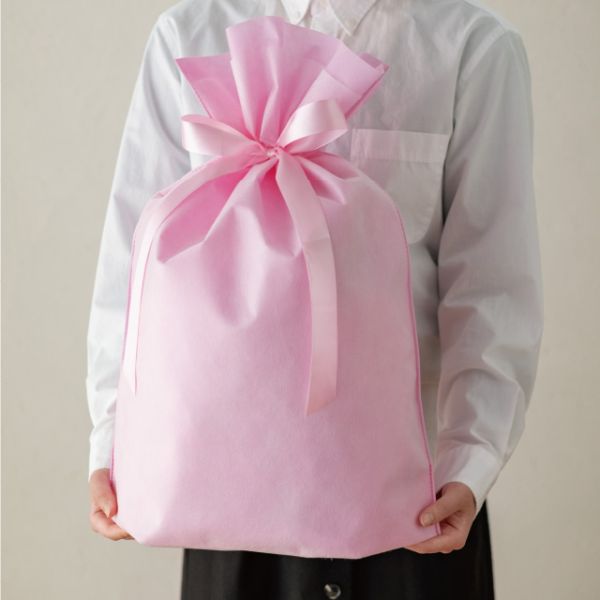 不織布袋 2重不織布リボン付バッグ-L ピンク(10枚) ヘッズ