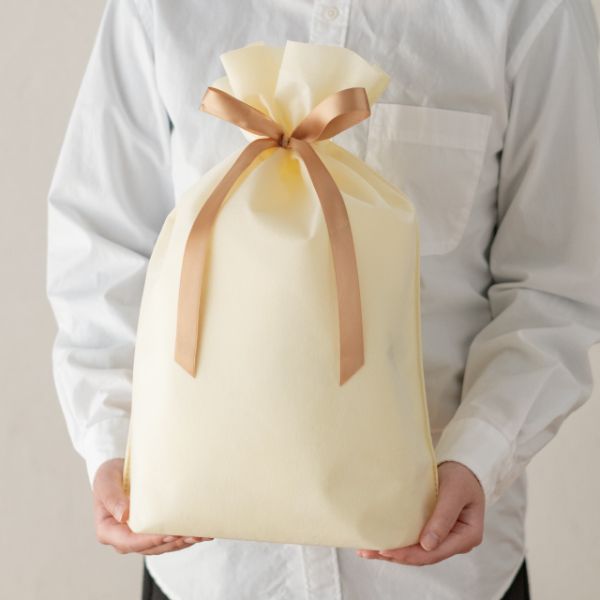 不織布袋 2重不織布リボン付バッグ-M クリーム(10枚) ヘッズ