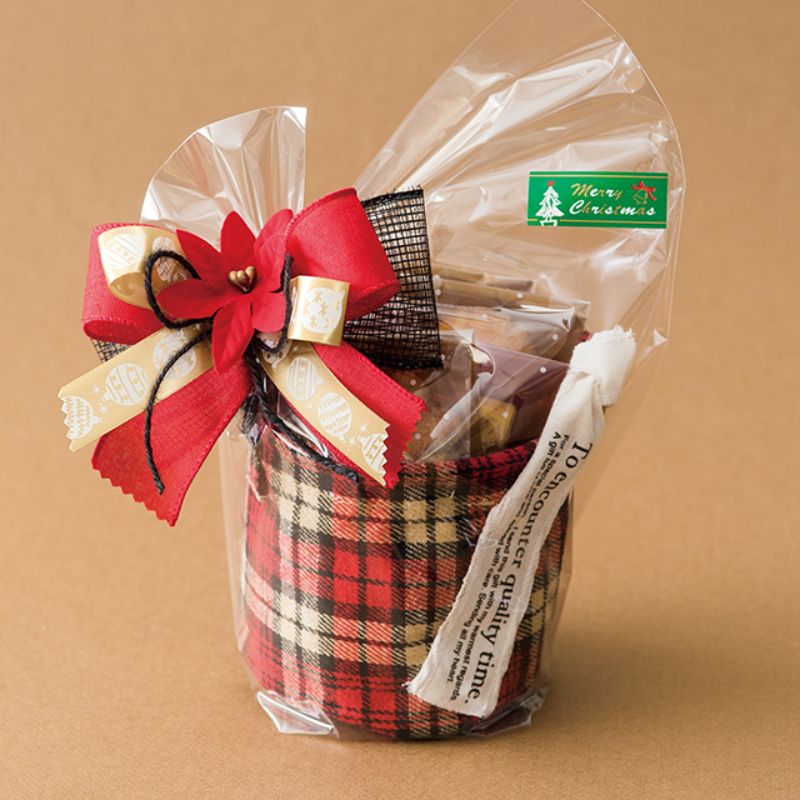 袋 タータンチェック丸底バスケット-S レッド(10個) ヘッズ