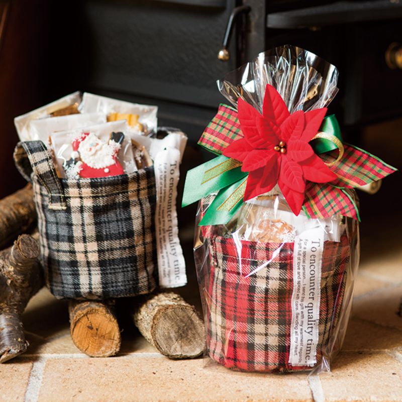 袋 タータンチェック丸底バスケット-S レッド(10個) ヘッズ