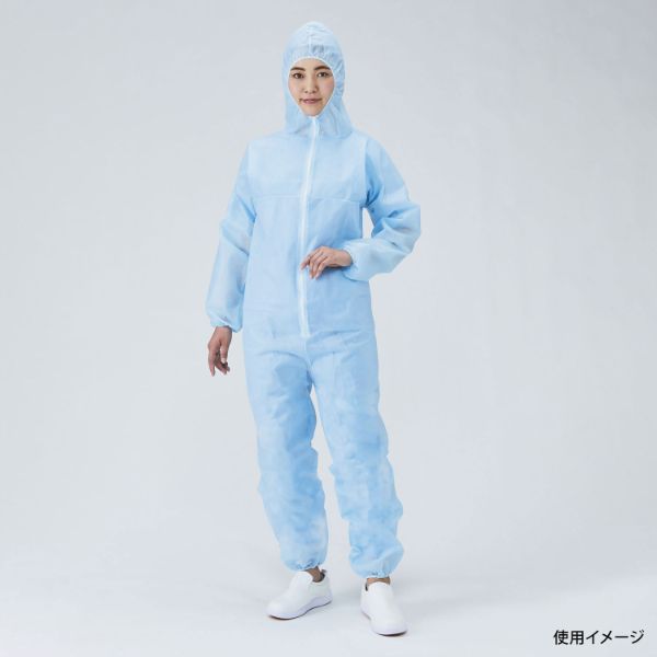 ディスポ白衣 フード付きジャンプスーツ ブルー LL メディテックジャパン