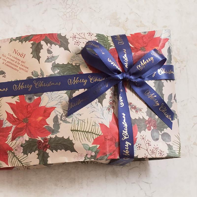 ギフト資材 XME-R2 クリスマスエレガントプリントサテンリボン/ネイビー-2(1巻) ヘッズ