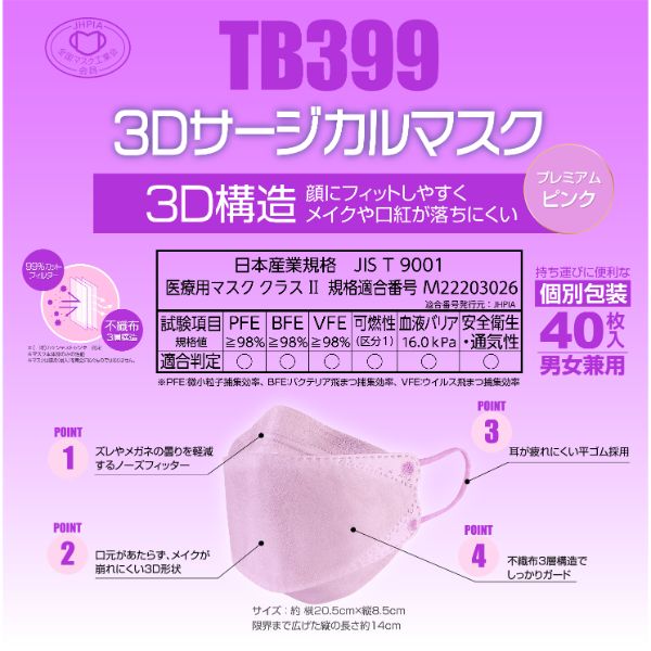 サージカルマスク TB399 3Dサージカルマスク プレミアム ピンク つばさ