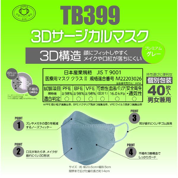 サージカルマスク TB399 3Dサージカルマスク プレミアム グレー つばさ