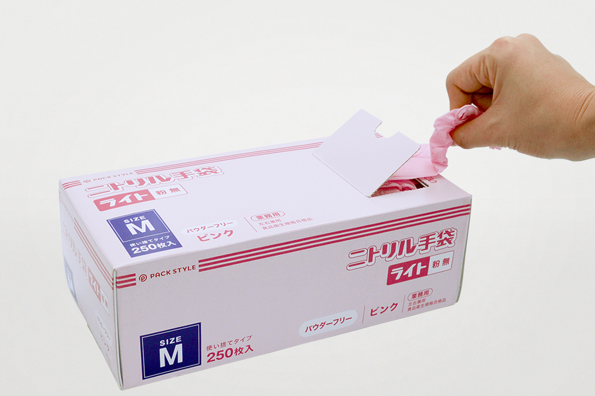 使い捨て手袋 ニトリル手袋ライト粉無 M ピンク パックスタイル