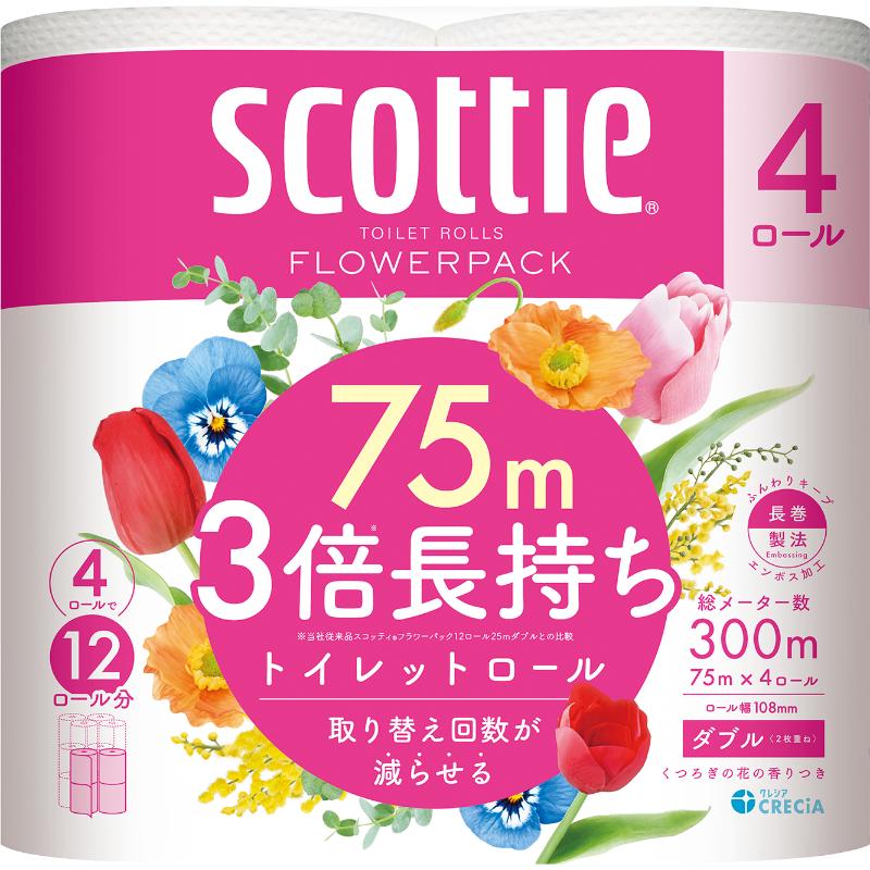 トイレットペーパー スコッティ フラワーパック 3倍長持ち4ロール(ダブル) 108mm×75m 日本製紙クレシア