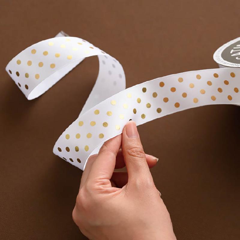 ギフト資材 DT-STR1 ドットサテンリボン-1/ホワイトゴールド ヘッズ