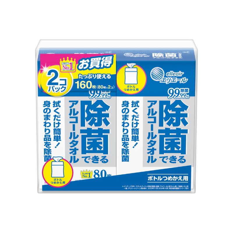 衛生資材 エリエール 除菌できるアルコールタオルボトル つめかえ用 80枚×2P エリエール