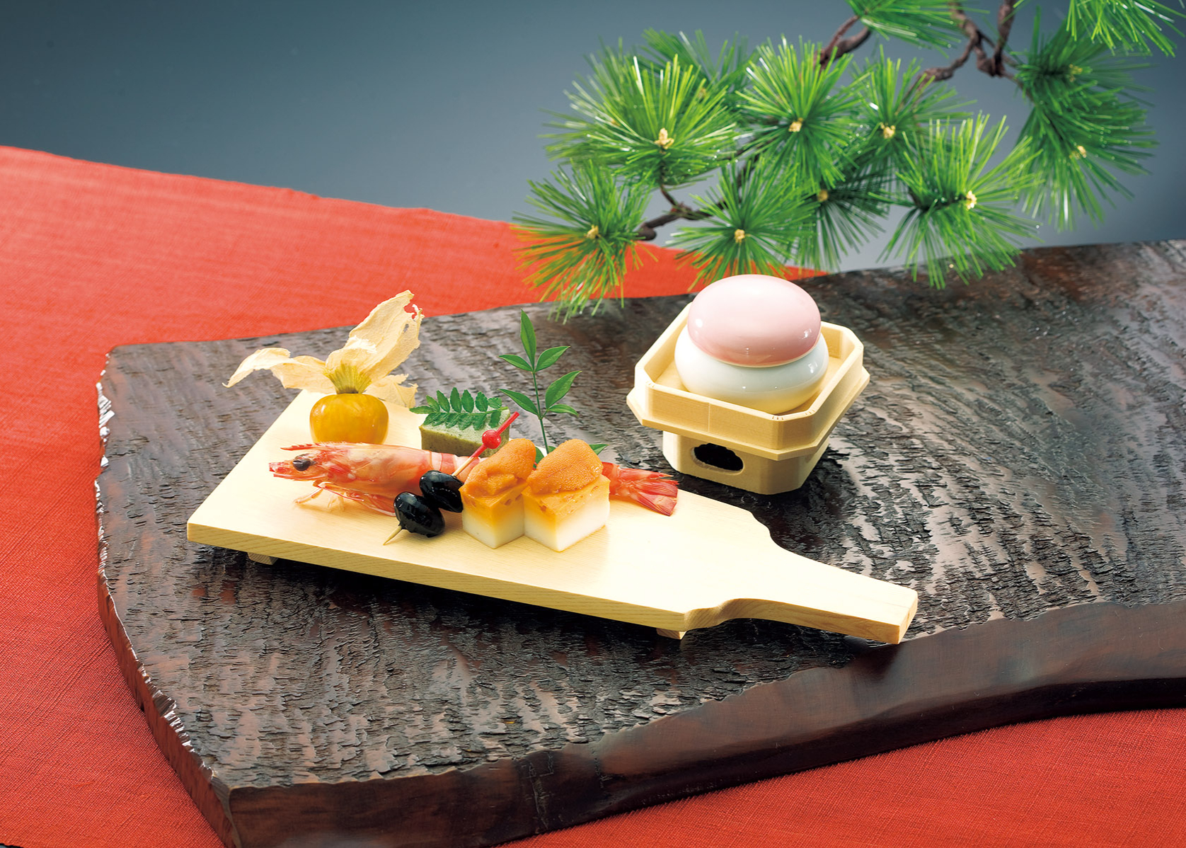 陶器珍味入(蓋付) 26474 紅白鏡もち珍味入 ヤマコー